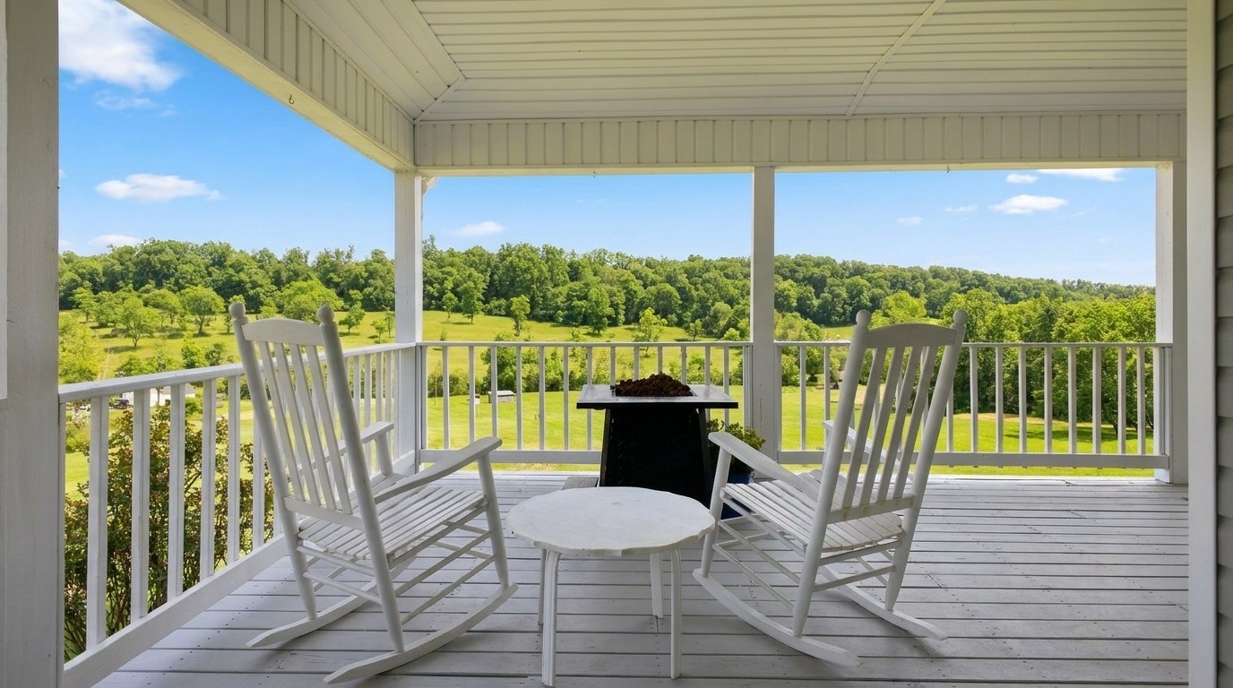 Rocking chairs framing Keg Springs Valley views