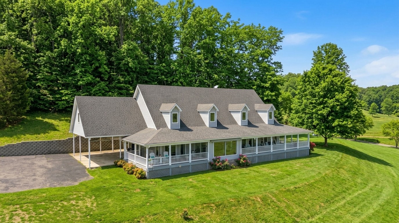Aerial view of home and wraparound porch